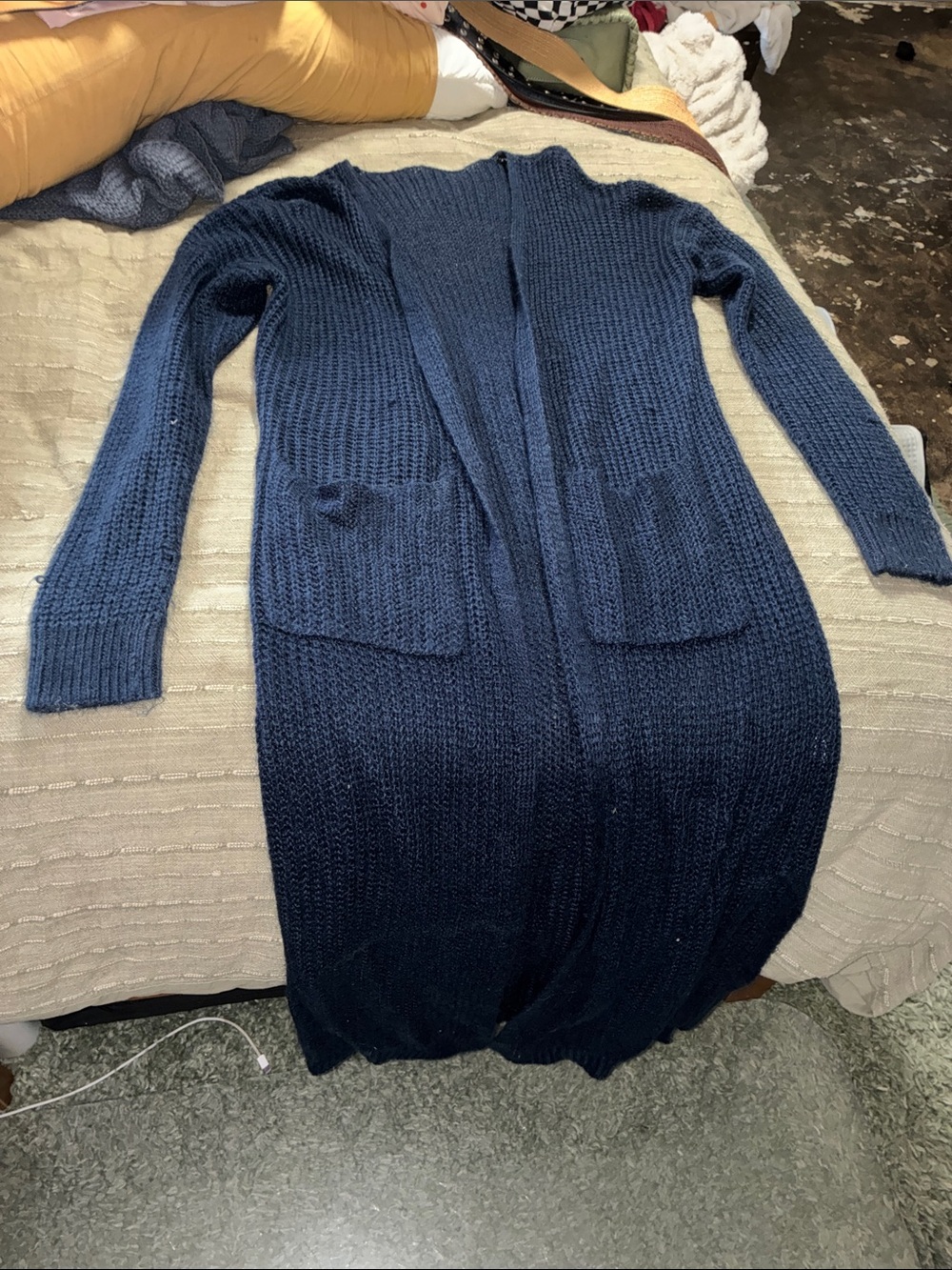 Navy Open-Front Long Knit Cardigan Sweater